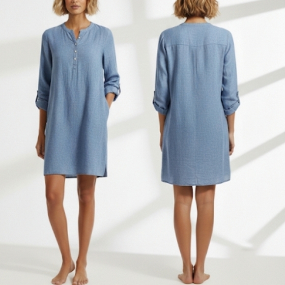 Garnet Hill Dresses & Skirts - 100% Linen Garnet Hill Dress Size 4 Blue Long Sleeve Boxy